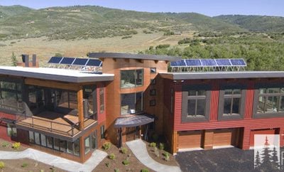 Aerial shot of a net-zero, LEED Platinum custom green home in Park City, Utah, by Tall Pines Construction.