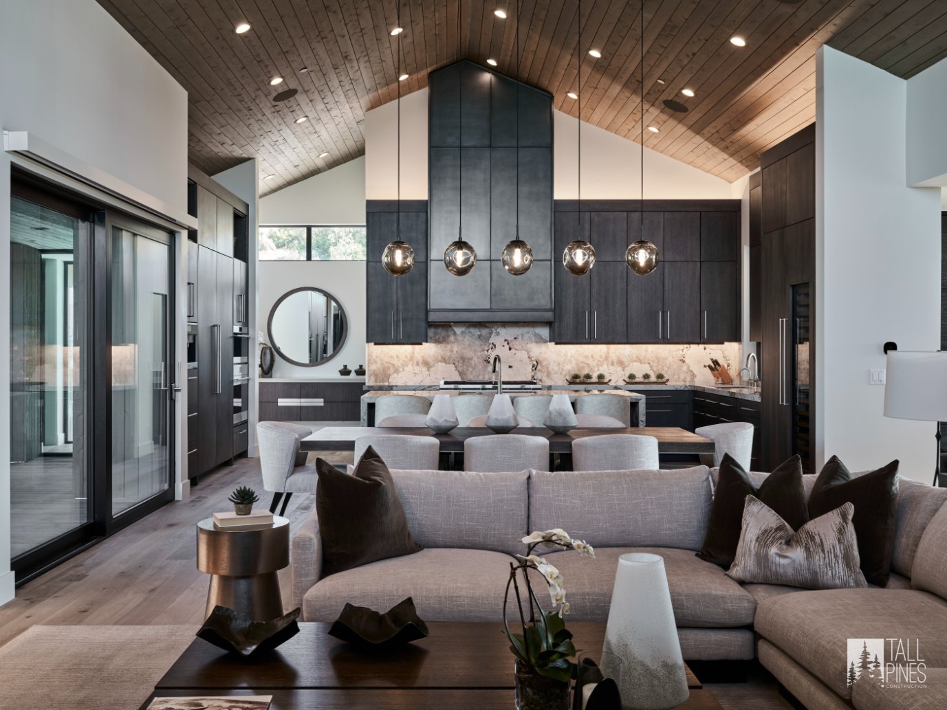 Living Room Interior In Park City Mountain Home With Kitchen And Dining Room View, Built By A Park City Custom Home Builder.