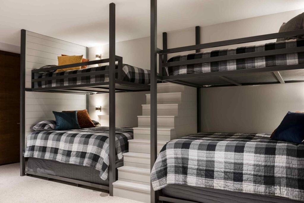 Custom bunk room in a Park City luxury home designed to comfortably accommodate family and guests during mountain getaways.