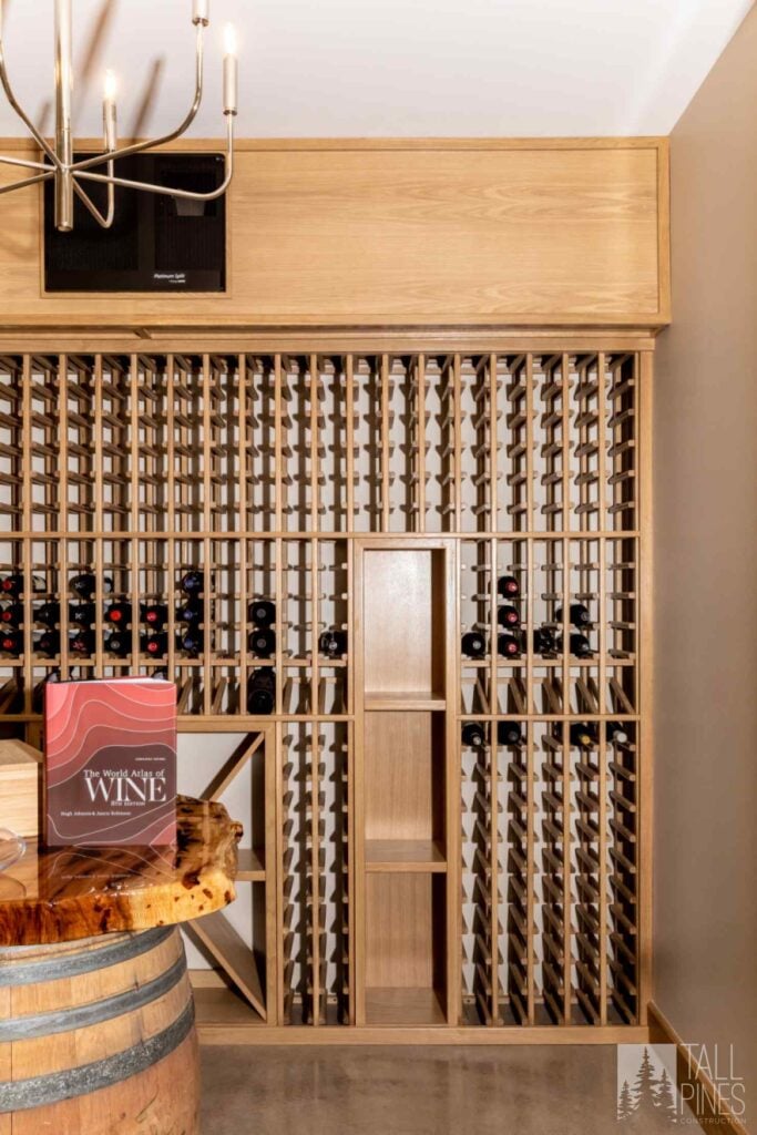 Custom-built wine cellar with handcrafted wood storage, showcasing a luxury feature in a Park City custom home.